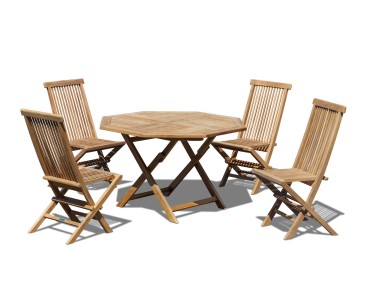 Suffolk Teak Octagonal Folding Table and 4 Chairs Set - Outdoor Patio Teak Dining Set