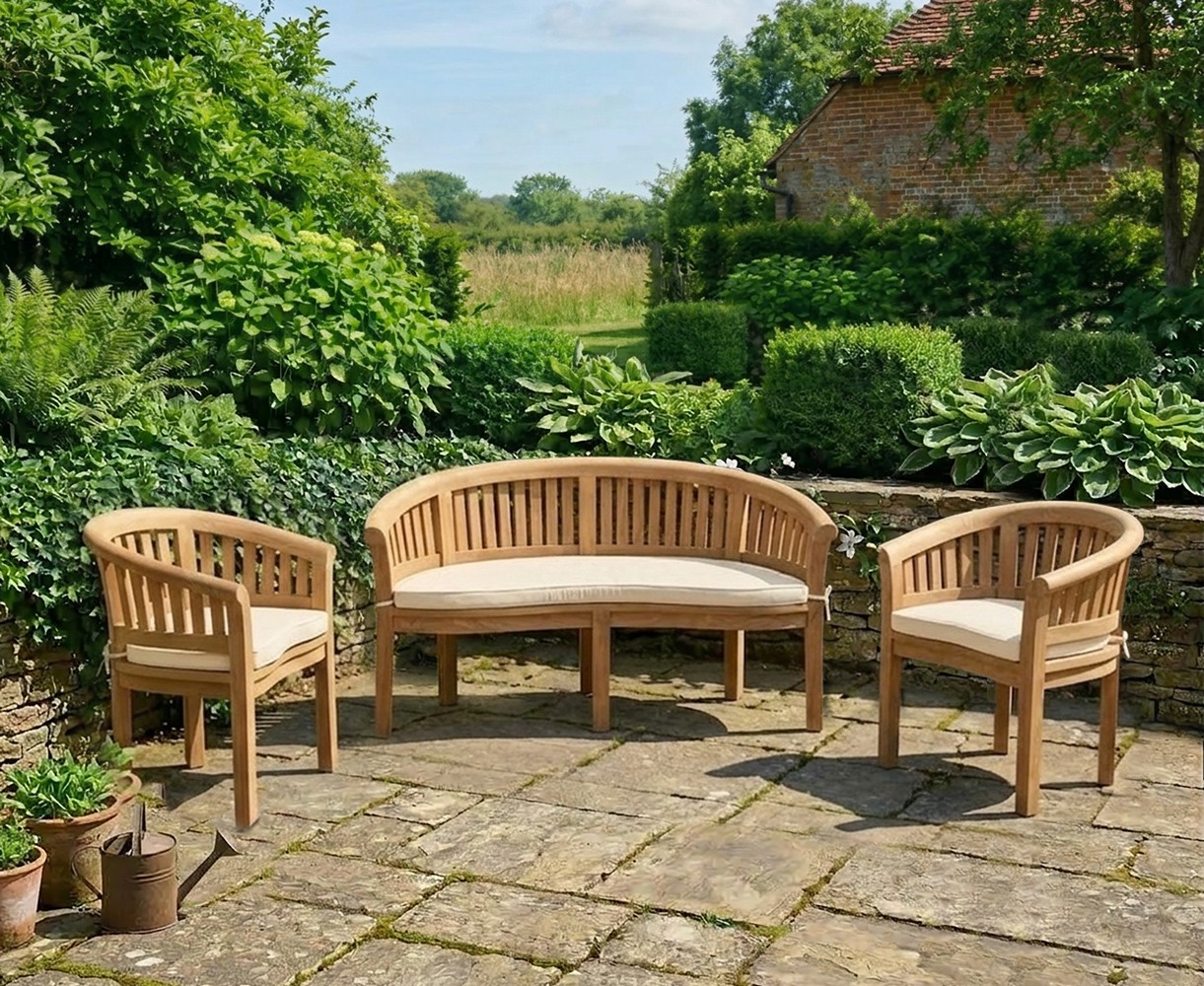 Wimbledon Teak Banana Bench and Chairs Garden Set