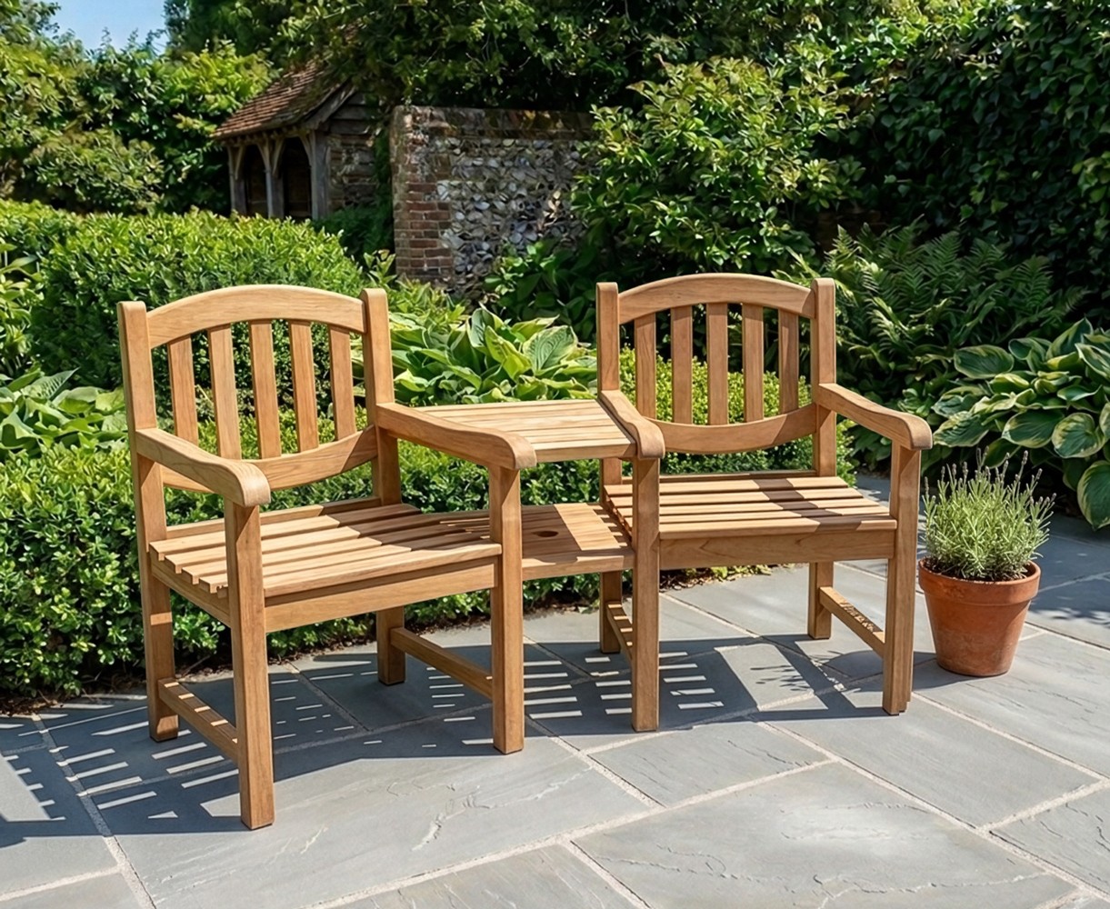Ascot Teak Garden Companion Seat Bench - Garden Tete a Tete Bench