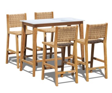 Teak and Quadra Sintered Stone Table Set with Tiga Rattan Bar Chairs