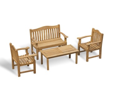 Hilgrove Teak 1.2m Coffee Table, Rose Garden 1.2m Bench and Rose Garden Armchairs Set