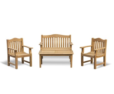 Hilgrove Teak 1.2m Coffee Table, Rose Garden 1.2m Bench and Rose Garden Armchairs Set