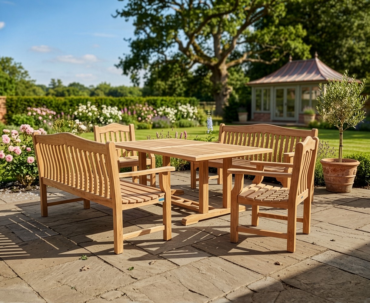 Cadogan 1.8m Teak Table, Rose Garden Benches and Rose Garden Armchairs Set