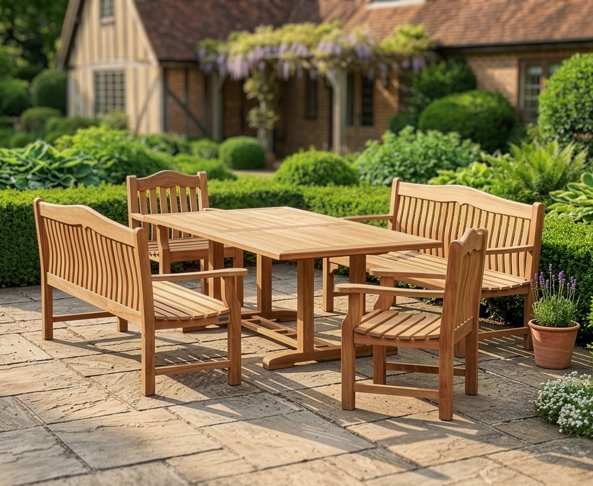 Cadogan 2m Dining Table With Rose Garden 1.8m Benches and Rose Garden Armchairs