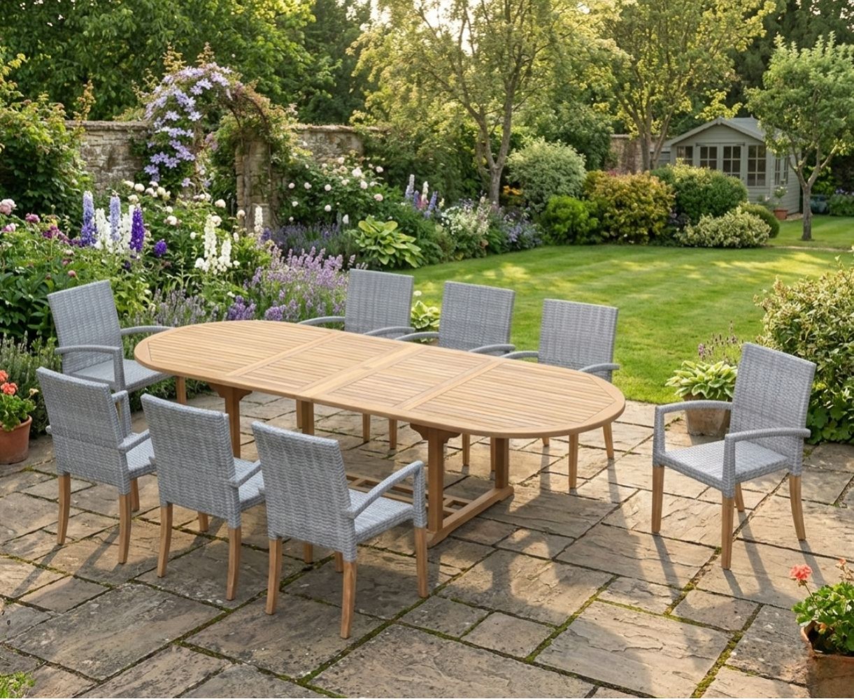 St Tropez 8 Seater Teak Table and Wicker Stacking Chairs Dining Set