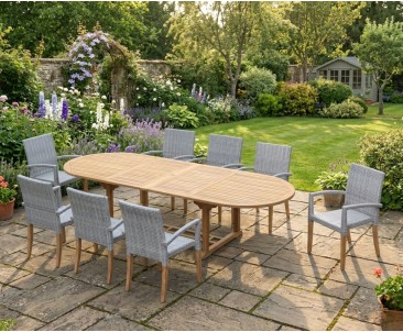 St Tropez 8 Seater Teak Table and Wicker Stacking Chairs Dining Set