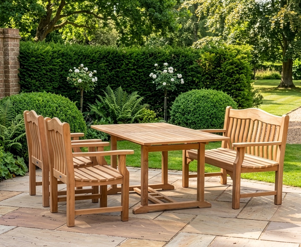 Hilgrove Teak Rectangular Table, Rose Garden 120cm Bench and Rose Garden Armchairs Set