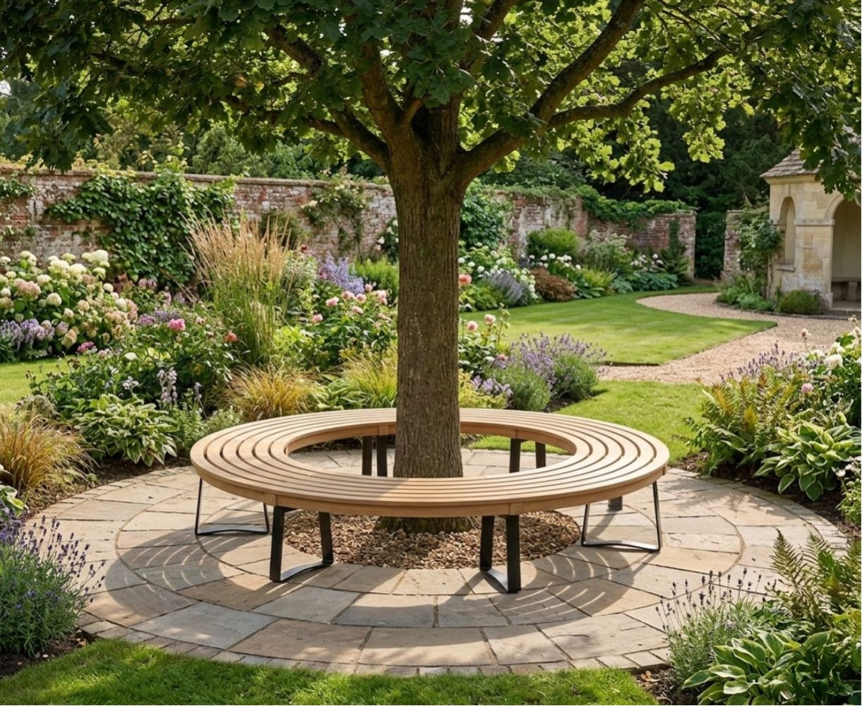 Teak Circular Tree Seat, Round Tree Bench, Backless, Metal Legs