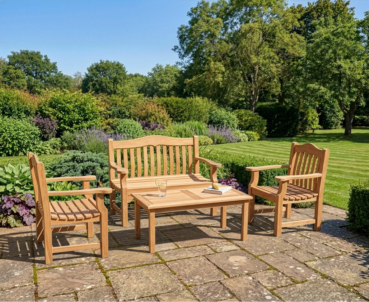 Hilgrove Teak 1.2m Coffee Table, Rose Garden 1.2m Bench and Rose Garden Armchairs Set