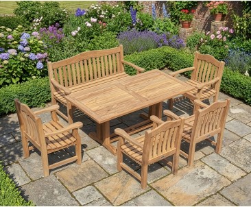 Cadogan Rectangular Teak Dining Table, 150cm Rose Garden Bench and Rose Garden Armchairs