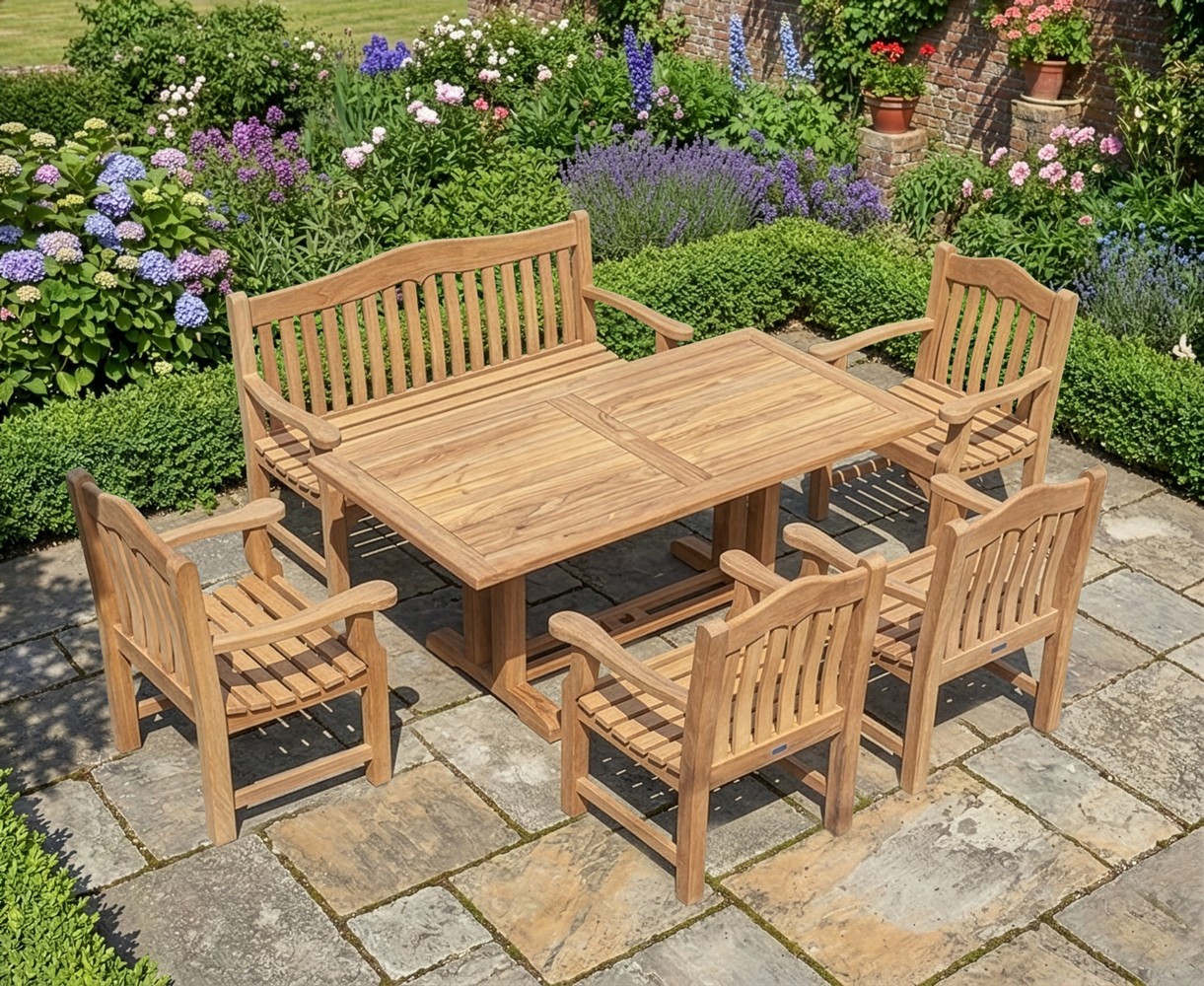 Cadogan Rectangular Teak Dining Table, 150cm Rose Garden Bench and Rose Garden Armchairs