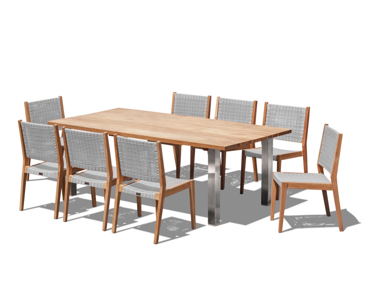 Marina Teak 220cm Garden Table and 8 Sora Stacking Chairs