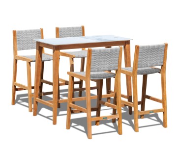 Teak and Quadra Sintered Stone Table Set with Tiga Rattan Bar Chairs