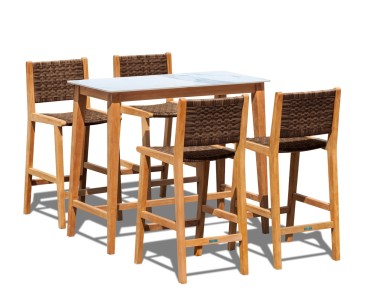Teak and Quadra Sintered Stone Table Set with Tiga Rattan Bar Chairs