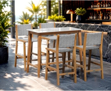 Teak and Quadra Sintered Stone Table Set with Tiga Rattan Bar Chairs