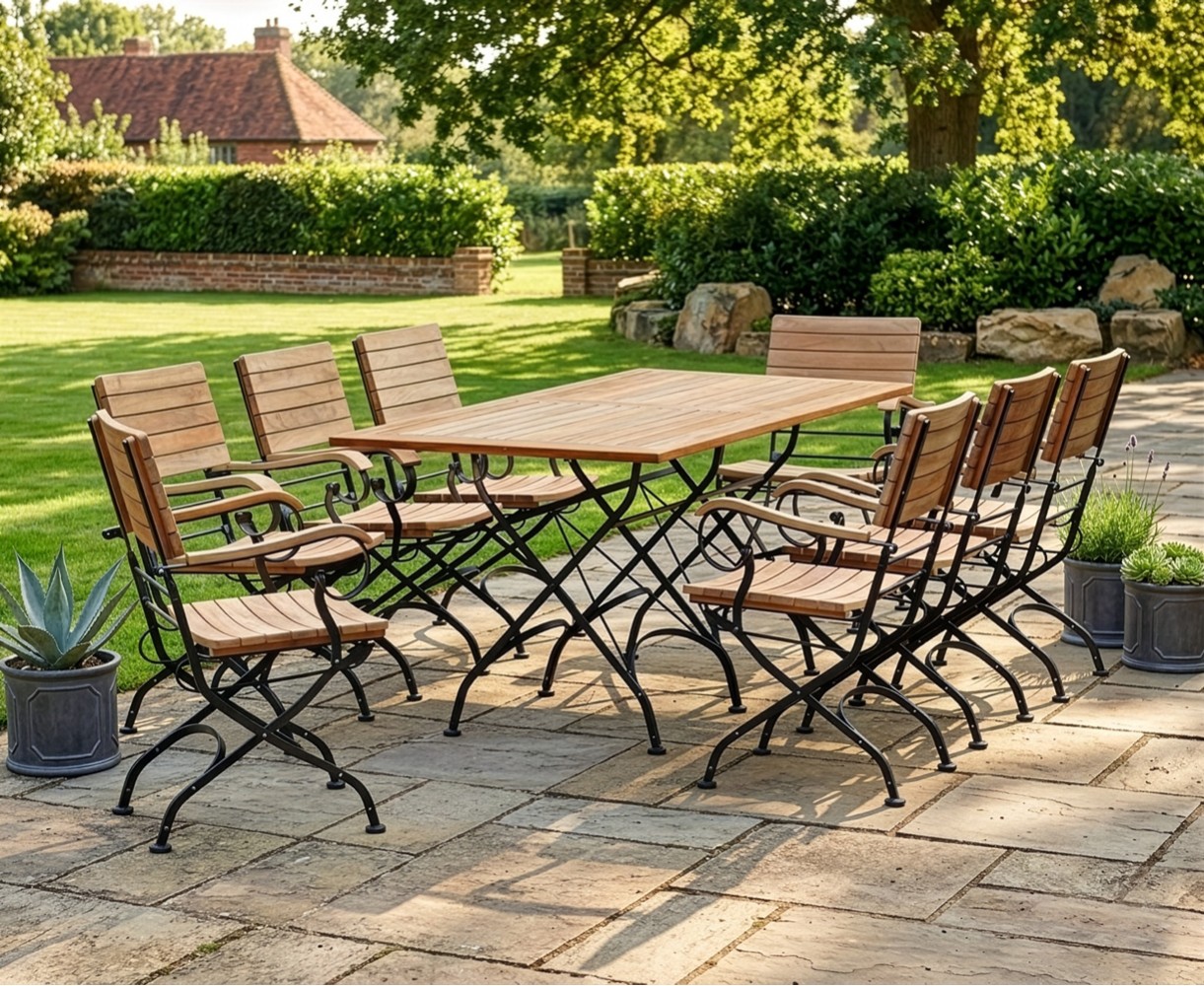 Bistro Rectangular 1.8m Table with 8 Armchairs, Folding Bistro Set, Black