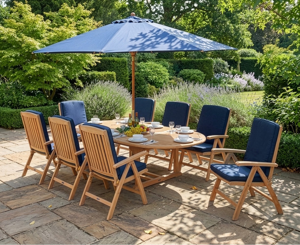 Cheltenham Teak Extending Table and 8 Reclining Chairs Set