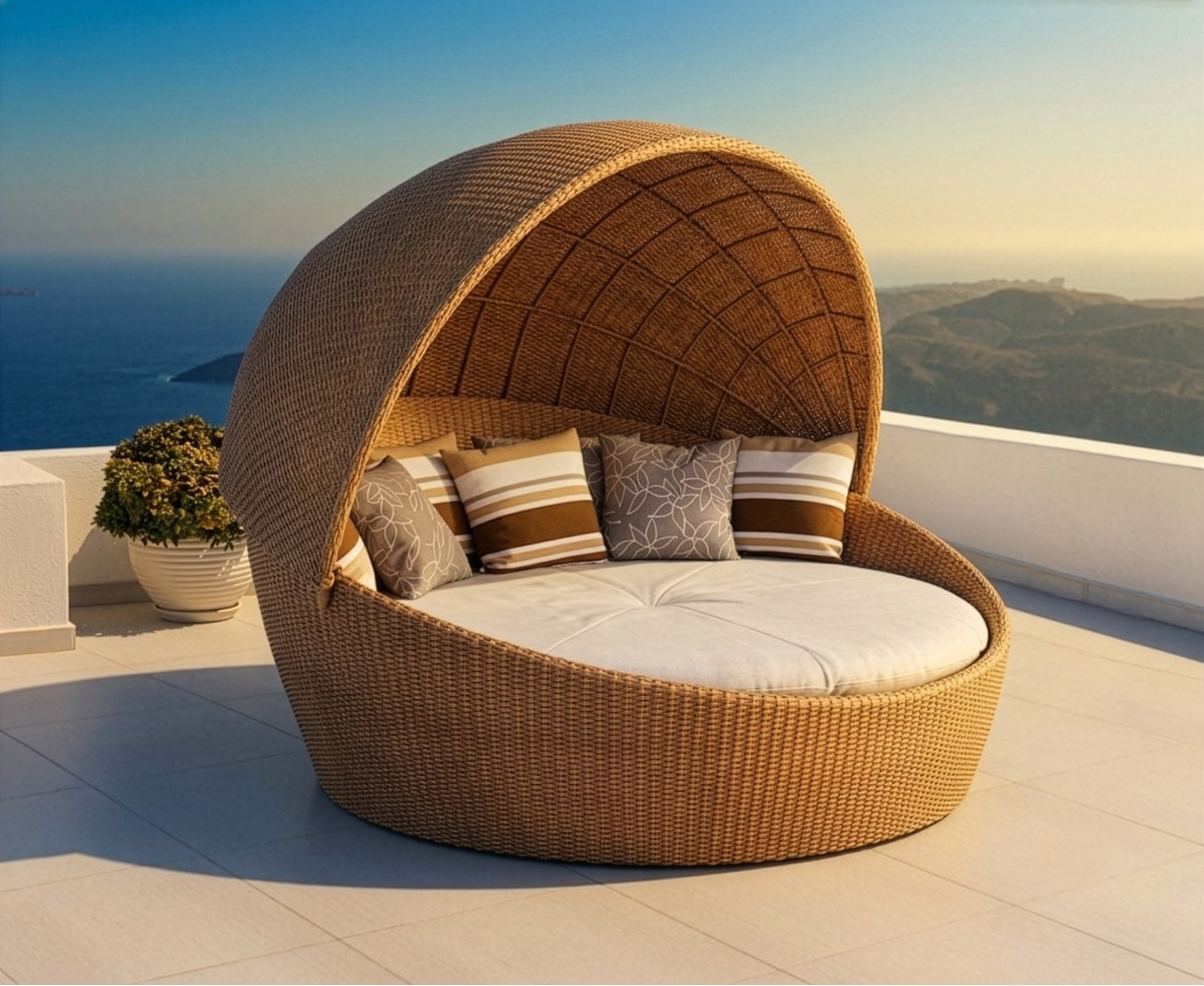 Oyster Rattan Round Daybed with Optional Canopy