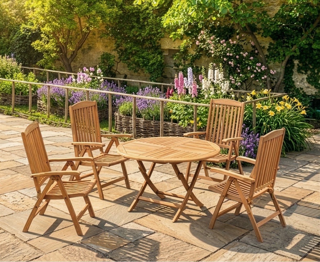 Suffolk 4 Seater Teak Round Garden Table and Chairs Set
