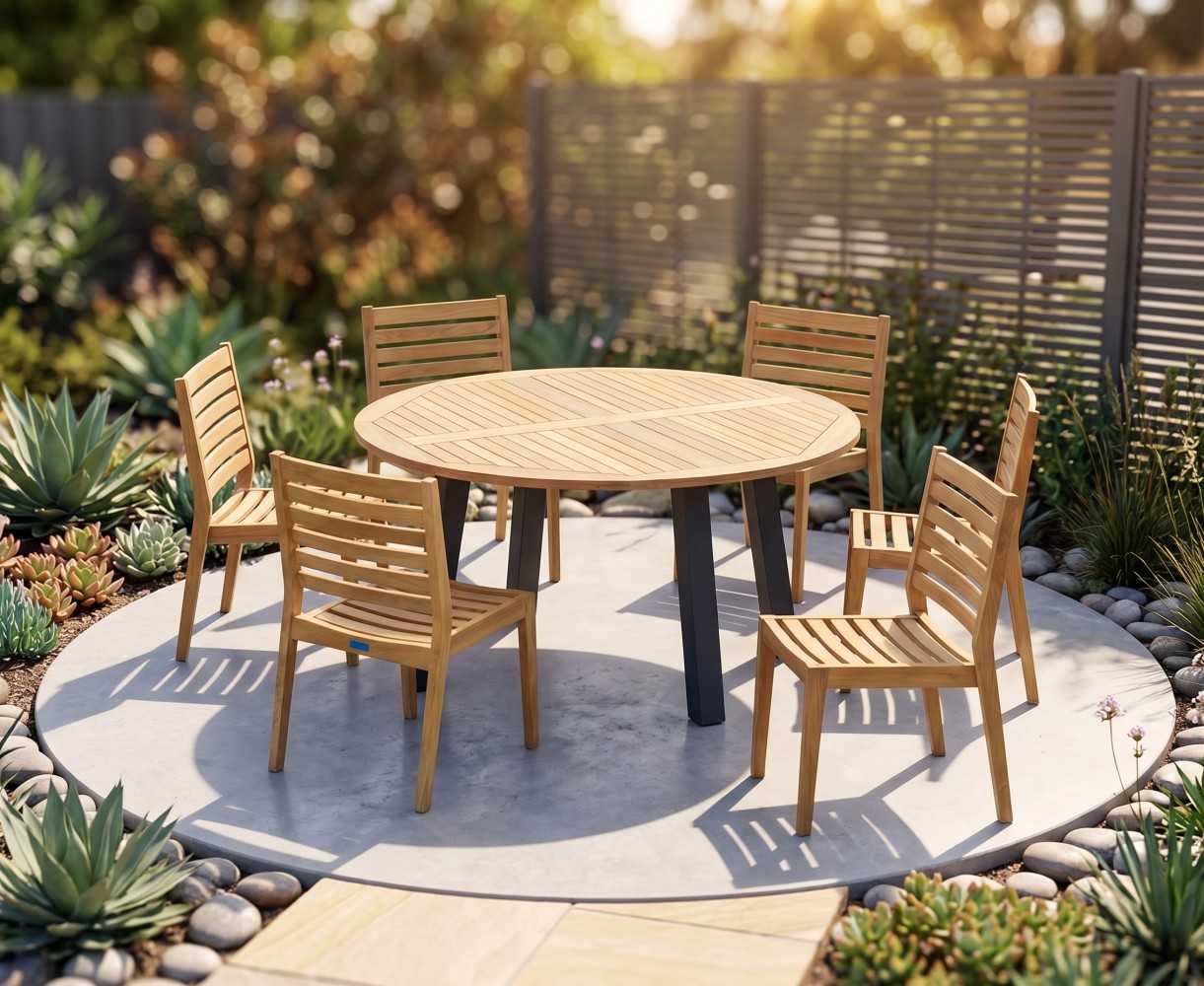 Disk Teak & Steel 150cm Round Table with 6 Vero Stacking Chairs