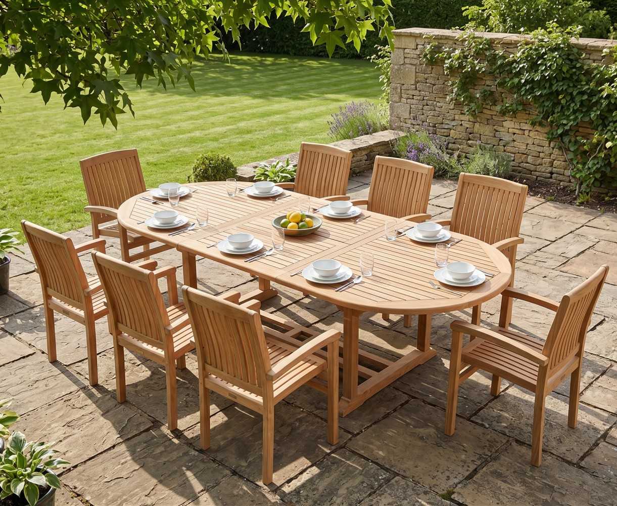 Brompton Extending Garden Table and Chairs Set | Patio Dining Set With Stacking Chairs