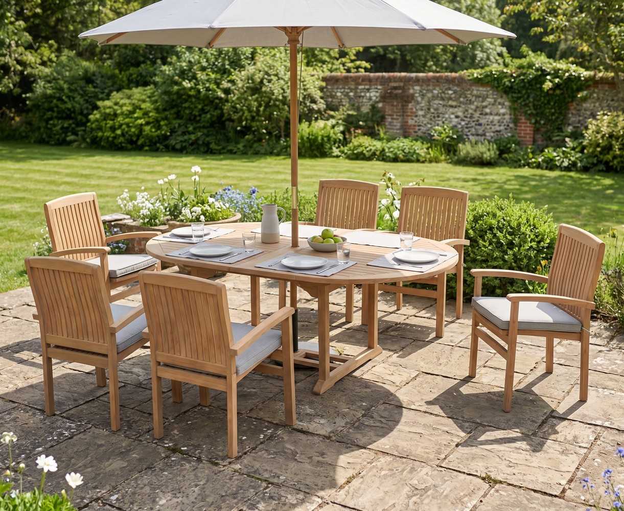 Brompton Bali Teak Extendable Dining Table Set With 6 Stackable Chairs
