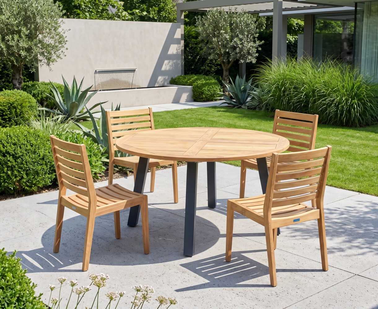 Disk Teak & Steel 130cm Round Table with 4 Vero Stacking Chairs