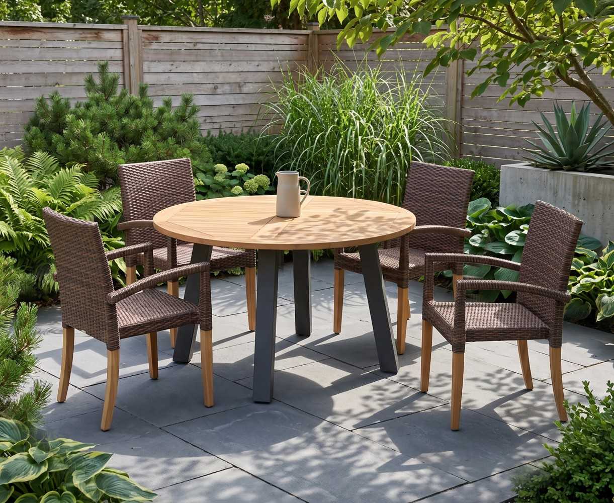 Disk 4 Seater Teak and Metal Dining Set and St. Tropez Stacking Chairs