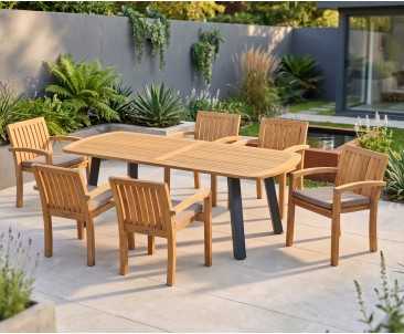 Disk 6 Seater Oval Teak and Metal Dining Set & Monaco Stacking Chairs