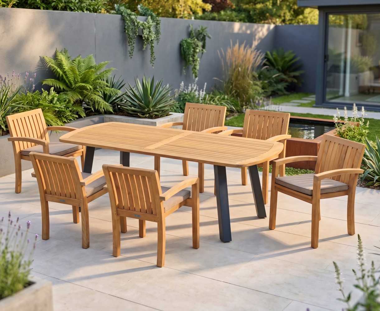 Disk 6 Seater Oval Teak and Metal Dining Set & Monaco Stacking Chairs