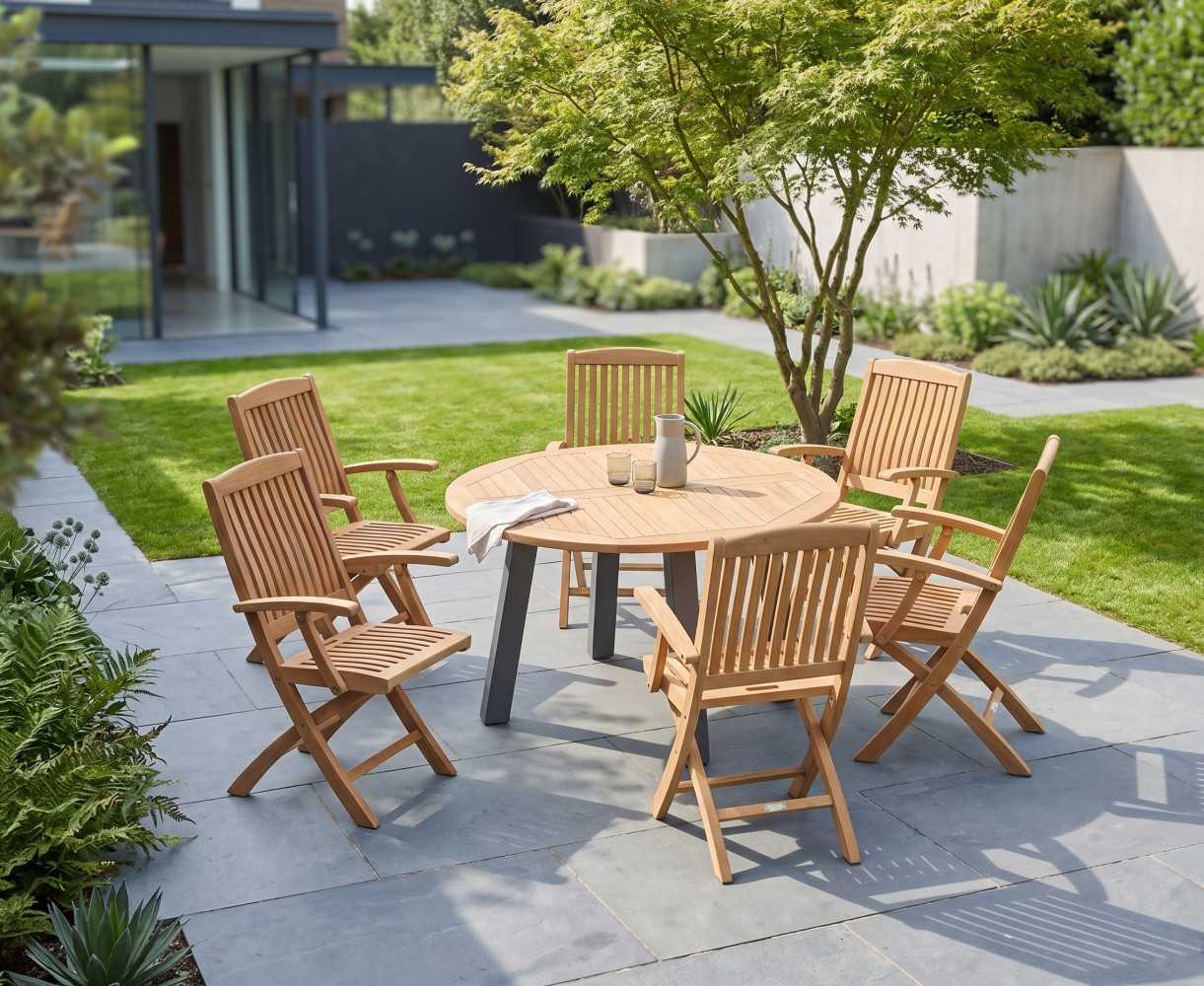 Disk 6 Seater Teak and Metal Dining Set and Bali Folding Armchairs
