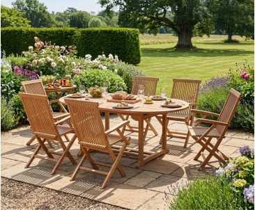 Brompton Teak Extending Garden Table Set with 6 Ashdown Folding Armchairs