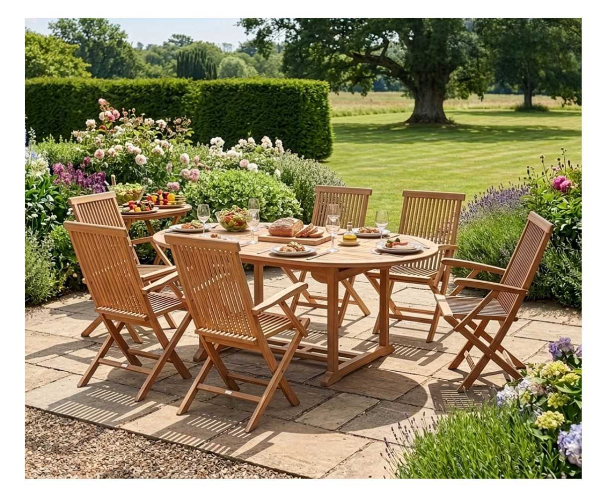 Brompton Teak Extending Garden Table Set with 6 Ashdown Folding Armchairs