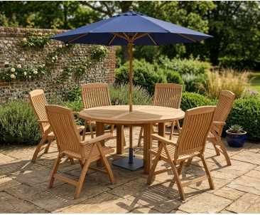 Titan Teak 6 Seater Round Patio Table and Reclining Chairs Set