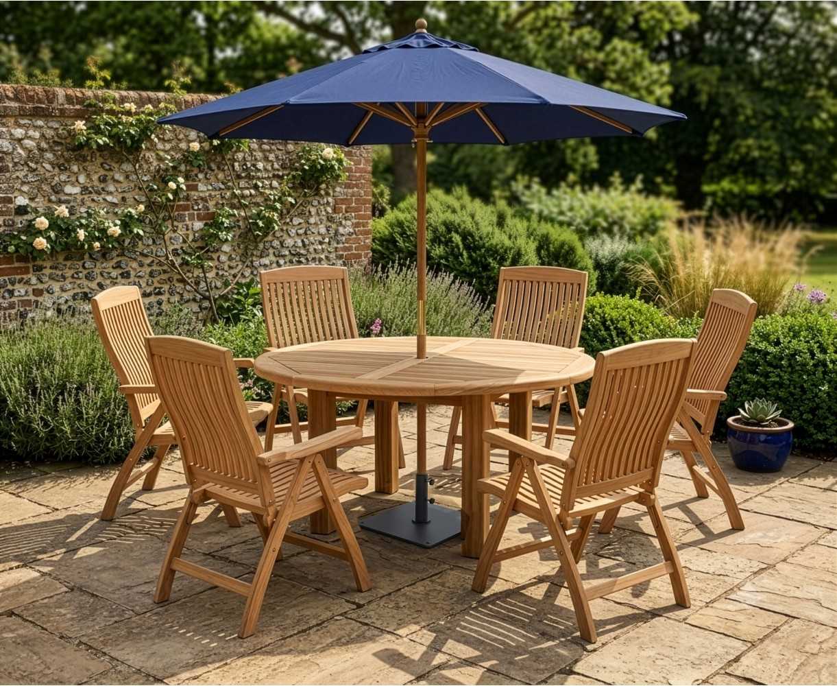 Titan Teak 6 Seater Round Patio Table and Reclining Chairs Set