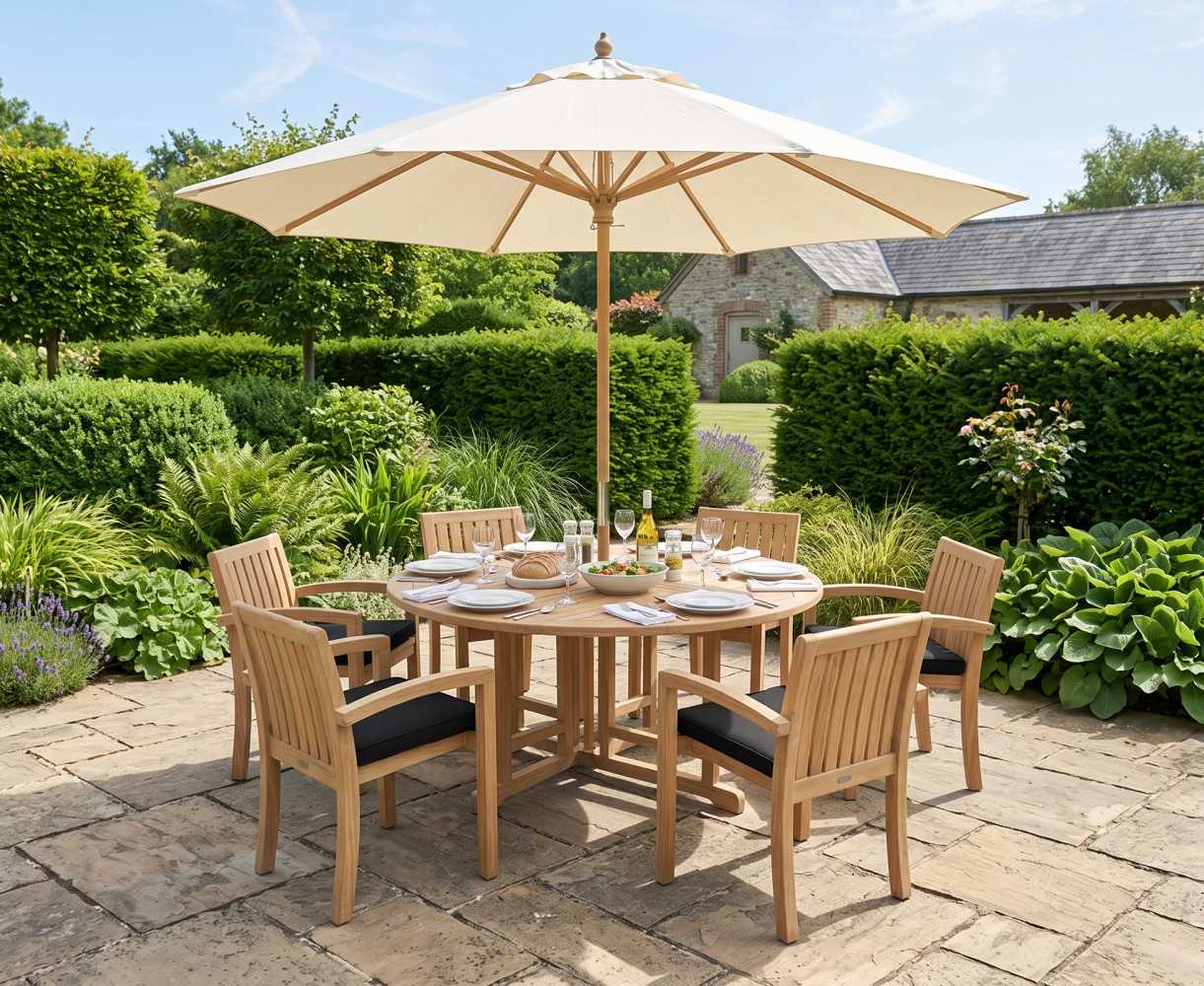 Berrington Drop Leaf Garden Table 1.5m and 6 Monaco Stacking Chairs