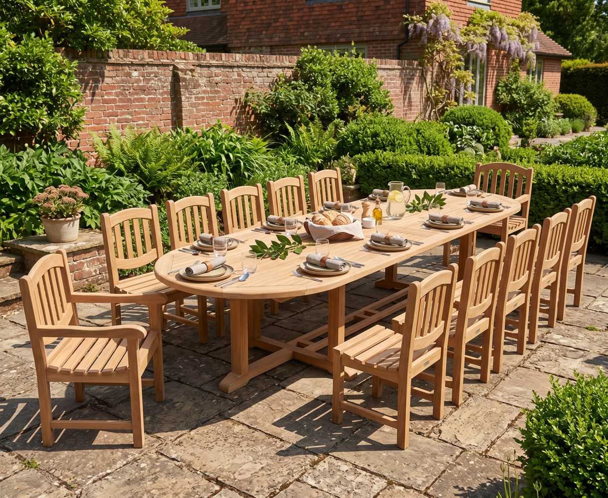 Hilgrove 12 Seater Teak Oval Dining Set with Armchairs and Side Chairs