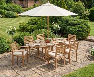 Brompton Teak Extendable Table and 6 Yale Stacking Armchairs Set