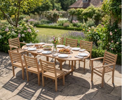 8 Seater Extending 1.8-2.4m Table, Yale Stacking Arm and Side Chairs
