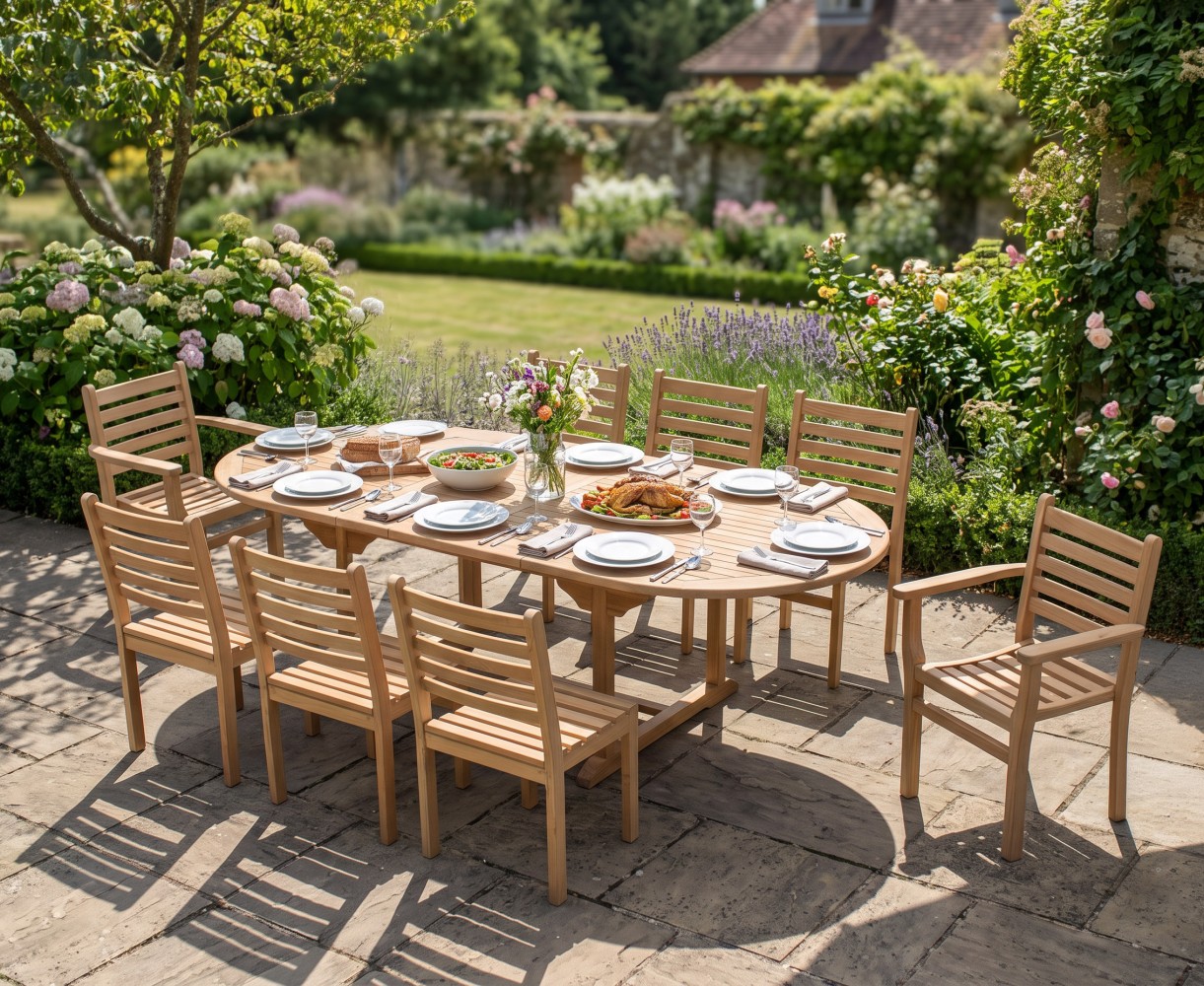 8 Seater Extending 1.8-2.4m Table, Yale Stacking Arm and Side Chairs