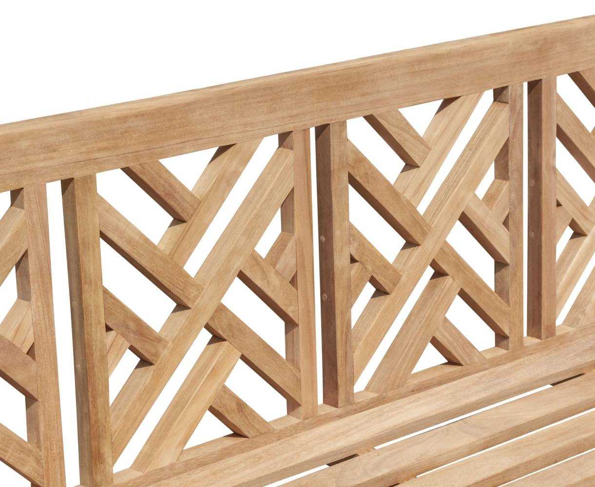 Close up of the detailed backrest on the  Princeton Teak 6ft Chinoiserie Bench