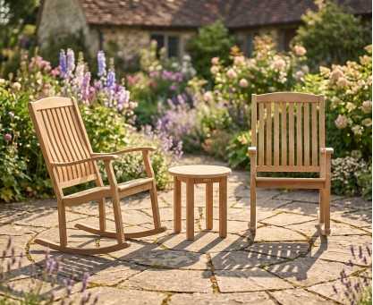2 Teak Rocking Chairs and Side Table Set