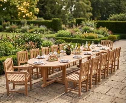 Hilgrove 12 Seater 4m Teak Oval Dining Set with Armchairs and Side Chairs
