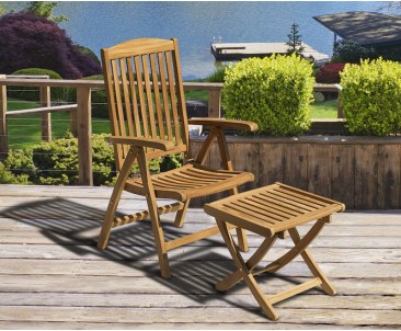 Cheltenham Teak Garden Recliner Armchair & Separate Footstool - Sun Loungers