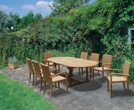 St Tropez Extending Teak Table and 8 Rattan Stacking Chairs Set