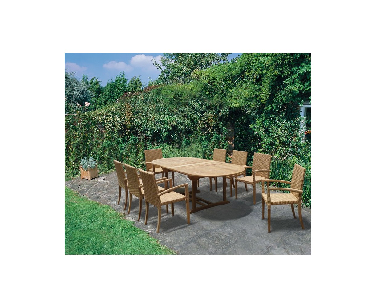 St Tropez Extending Teak Table and 8 Rattan Stacking Chairs Set