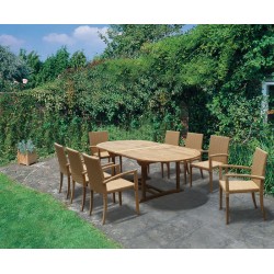St. Tropez Extending Teak Table and 8 Rattan Stacking Chairs Set