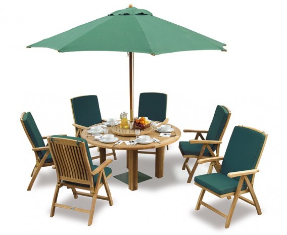 Titan Teak 6 Seater Round Patio Table And Reclining Chairs Set - Wooden Garden Furniture Sets With Reclining Chairs