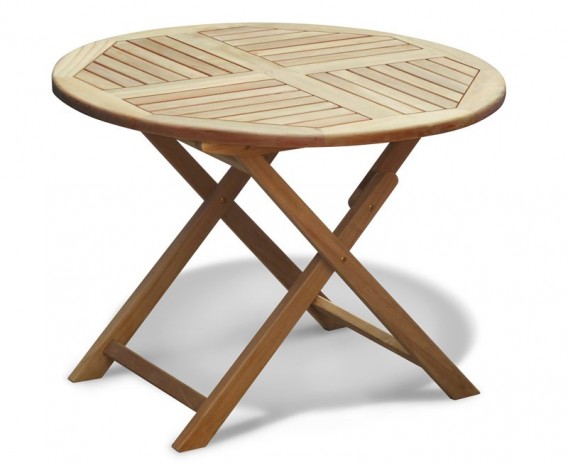 Suffolk Teak Garden Round Folding Table, Round Wooden Garden Table With Parasol Hole
