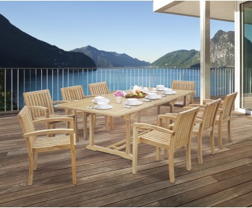 Dorchester Teak Extendable Dining Set with 8 Monaco Stacking Chairs